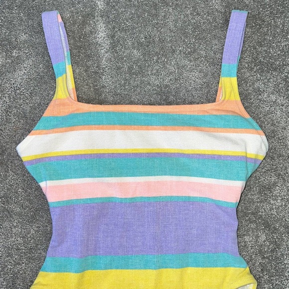 M Vintage Anne Cole Pastel Striped Cotton One Piece High Cut Low Back Swimsuit - Picture 3 of 11